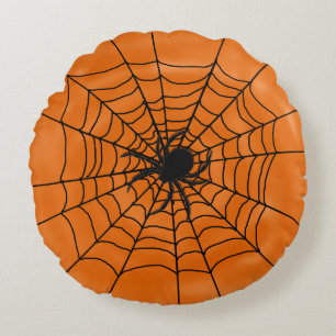 Halloween Spiders Web with Spider on Orange Round Pillow