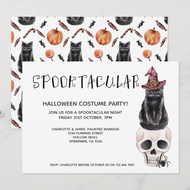 Halloween Spooktacular Black Cat On A Skull Invitation (Front/Back)