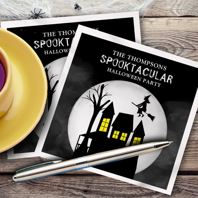 Halloween Spooktacular Spooky Haunted House Witch Napkin (Whimsical flying witch and haunted house in the moonlight paper napkin,)