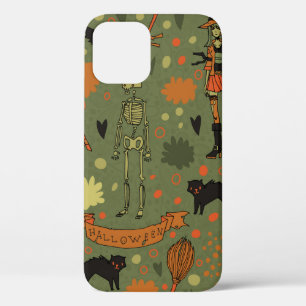 Halloween spooky background. With cats, roses, bat iPhone 12 Case