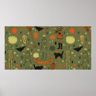 Halloween spooky background. With cats, roses, bat Poster