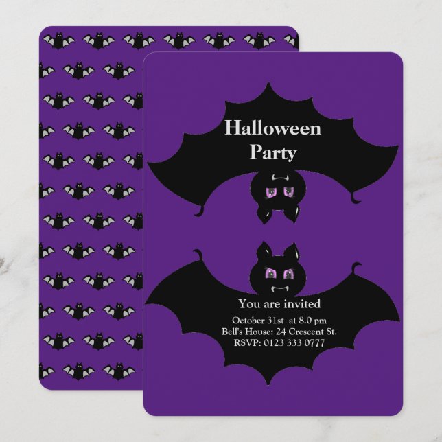Halloween Spooky Bats on Royal Purple Invitation (Front/Back)