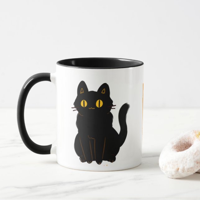 Halloween Spooky Black Cat  Mug (With Donut)