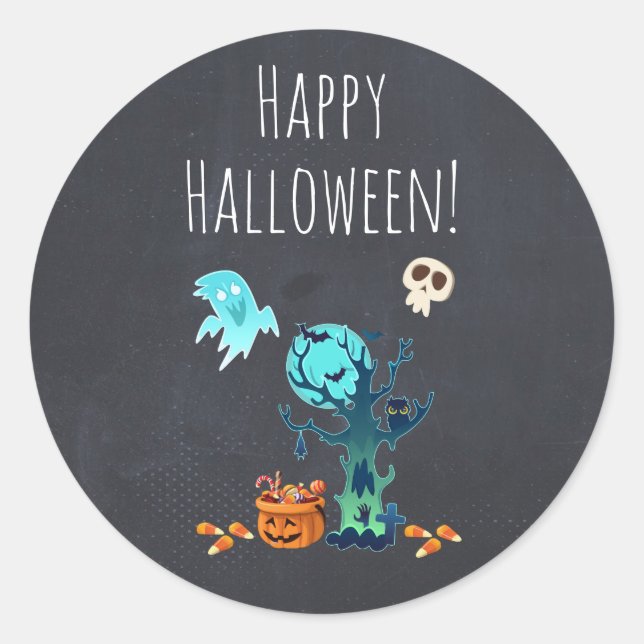 Halloween Spooky Creepy Ghosts Bats Skulls & Candy Classic Round Sticker (Front)