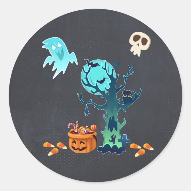 Halloween Spooky Creepy Ghosts Bats Skulls & Candy Classic Round Sticker (Front)