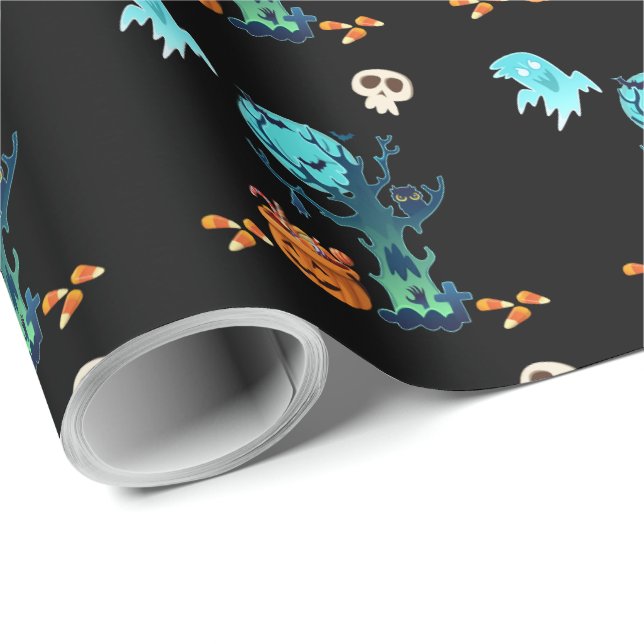 Halloween Spooky Creepy Ghosts Bats Skulls & Candy Wrapping Paper (Roll Corner)