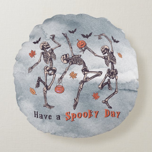 Halloween Spooky Day Skeleton 2 Sided Round Pillow (Front)