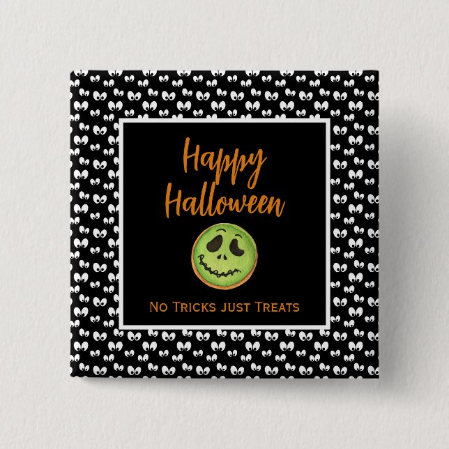 Halloween spooky eyes green cookie no tricks 2 inch square button (Front)