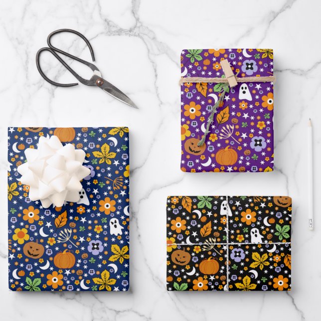 Halloween spooky ghost and orange pumpkins wrapping paper sheet (Front)