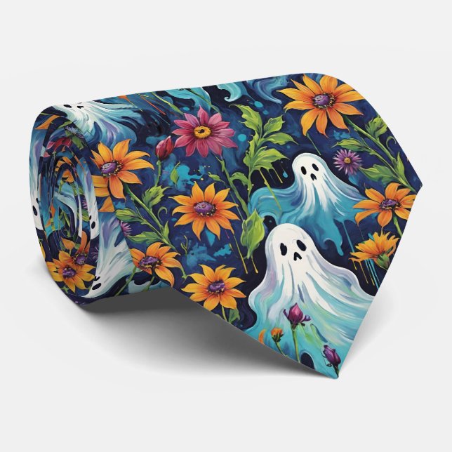 Halloween Spooky Ghosts and Flowers Tie (Rolled)