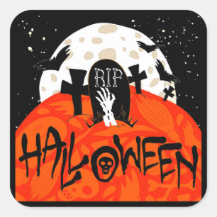 Halloween Spooky Graveyard Bats Zombie Moon Square Sticker