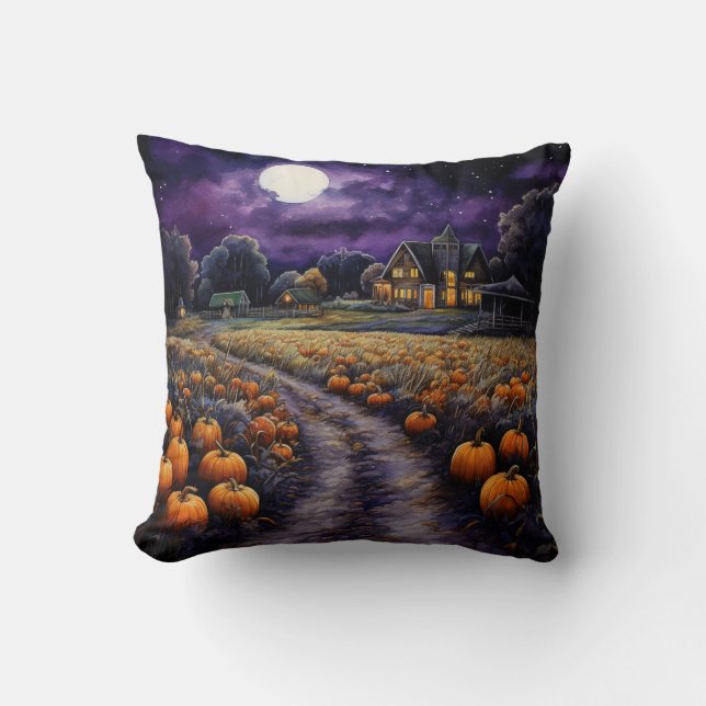 Halloween Spooky Haunted Town Night   Throw Pillow (Front)