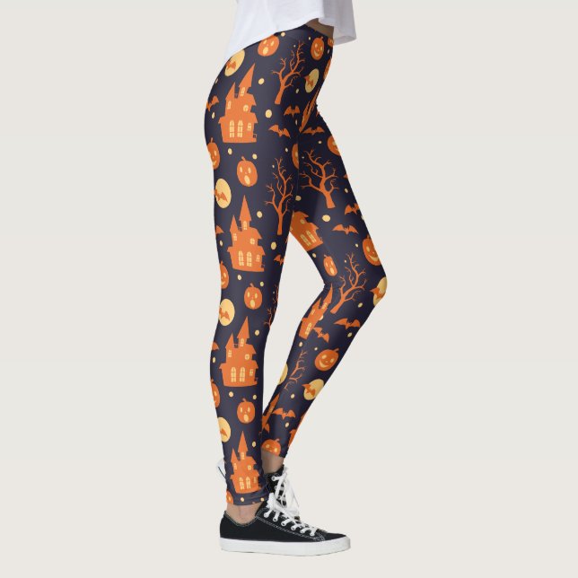 Halloween Spooky House Bats Trees Pumpkin Festive Leggings (Right)