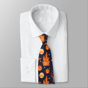 Halloween Spooky House Bats Trees Pumpkin Pattern Tie