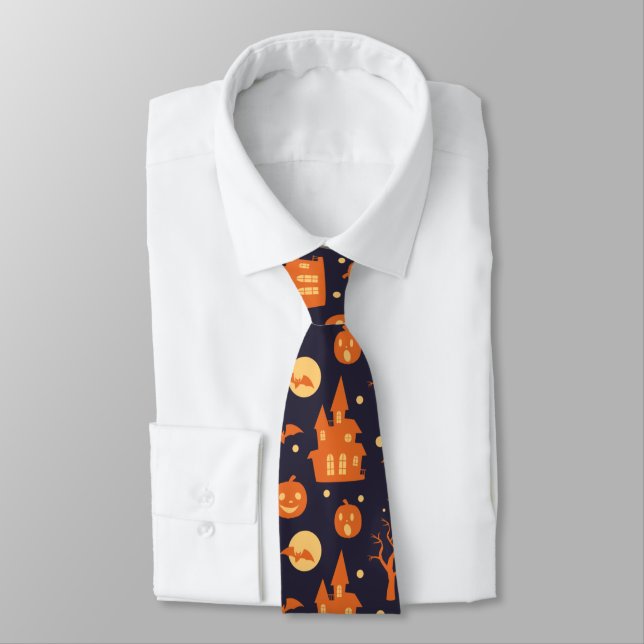 Halloween Spooky House Bats Trees Pumpkin Pattern Tie (Tied)