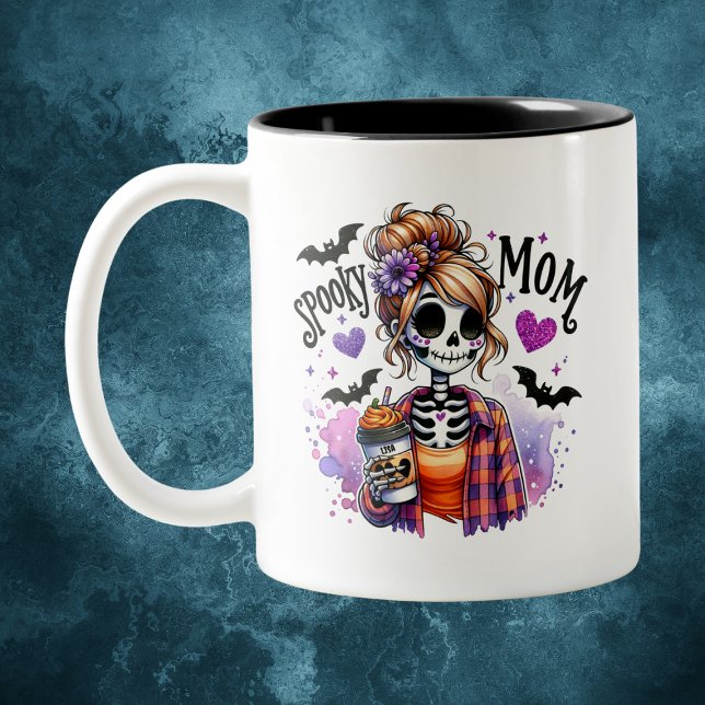 Halloween Spooky Mom Skeleton Messy Bun Custom Two-Tone Coffee Mug (Creator Uploaded)