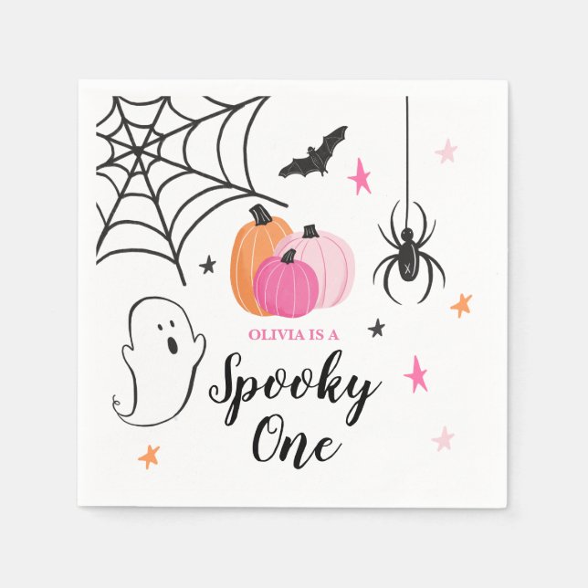 Halloween Spooky ONE 1ST Birthday pink Pumpkins Napkin (Front)