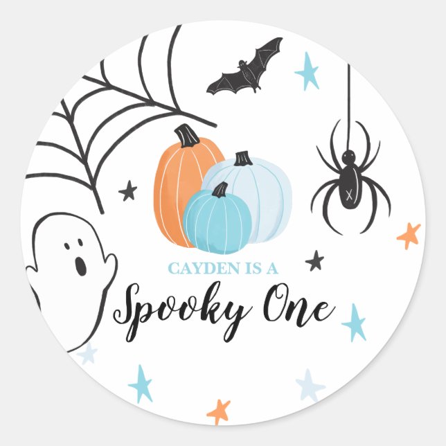 Halloween Spooky One Birthday Blue Pumpkins Classic Round Sticker (Front)