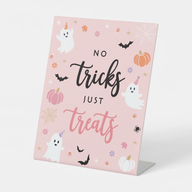 Halloween Spooky Pink Ghost No Tricks Just Treats Pedestal Sign (Front)