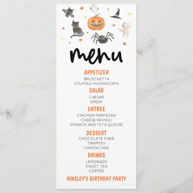 Halloween Spooky Pumpkin Birthday Party Food Menu (Front)