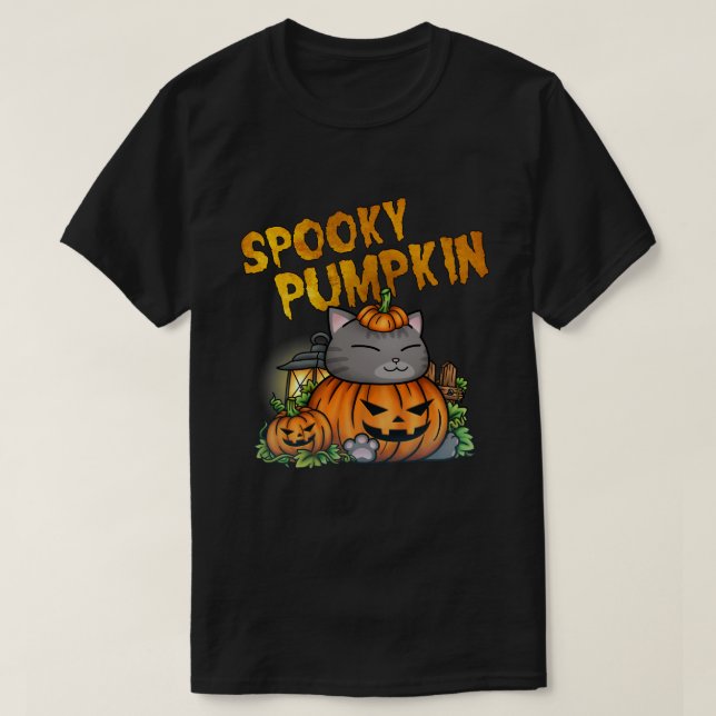 Halloween Spooky Pumpkin Cat T-Shirt (Design Front)