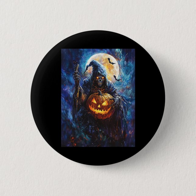 Halloween Spooky Pumpkin Design Scary Grim Reaper  2 Inch Round Button (Front)