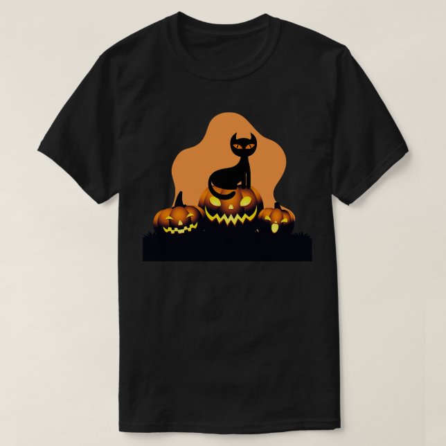 Halloween Spooky Pumpkins Black Cat and Happy Fall T-Shirt (Design Front)