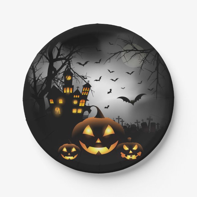 Halloween - Spooky Pumpkins Grey Moon - All Opt Paper Plate (Front)
