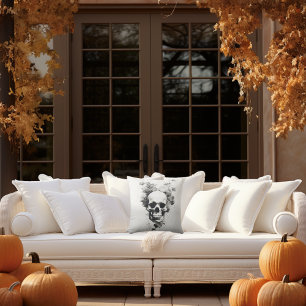 Halloween Spooky Scary Botanical Skull Outdoor Pillow
