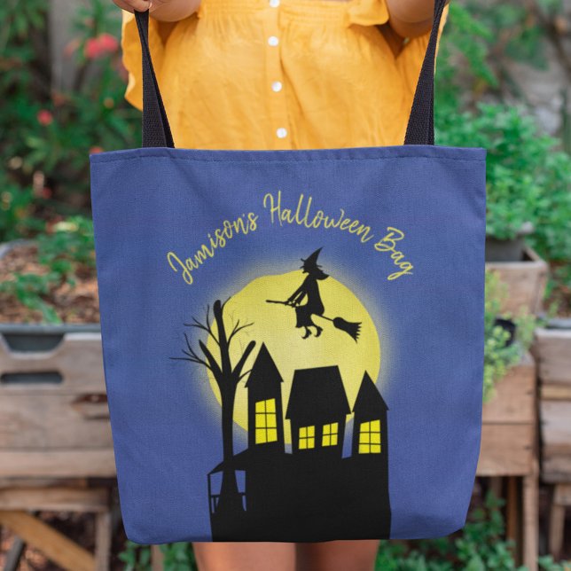 Halloween Spooky Scary Moonlight Flying Witch Tote Bag (Spooky Halloween flying witch moonlight tote bag with classic trick-or-treat design.)