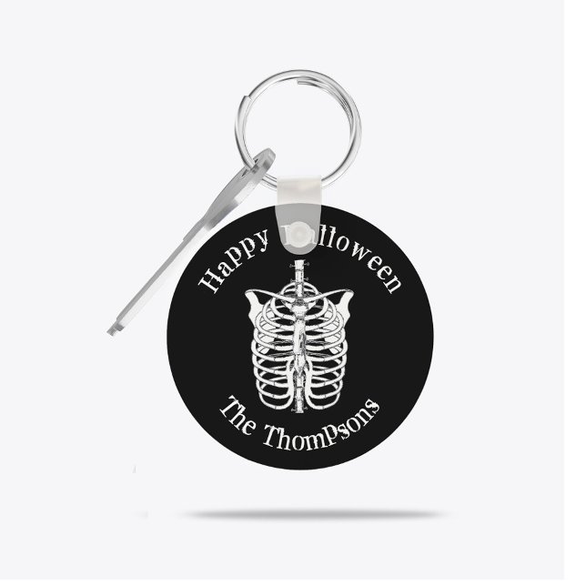 Halloween Spooky Scary Skeleton X Ray Keychain (Personalized gothic skeleton Halloween keychain with bold black background design.)