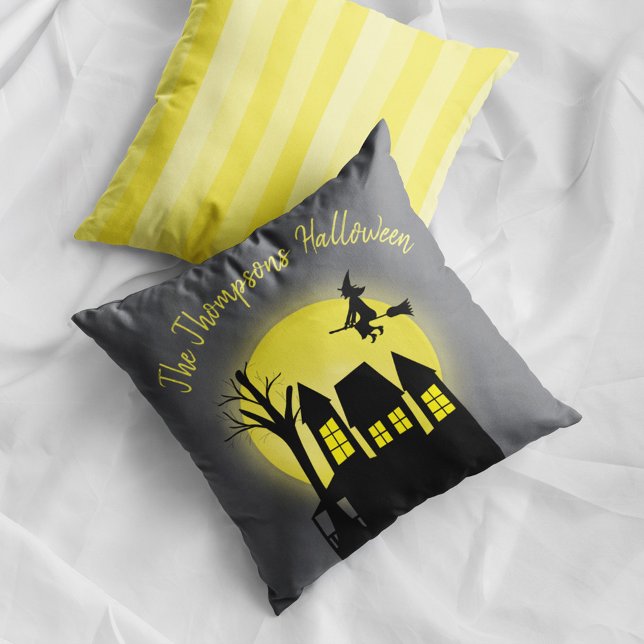 Halloween Spooky Scary Witch Haunted House Throw Pillow (Haunted house Halloween pillow with witch flying over moon and personalized family name decor.)