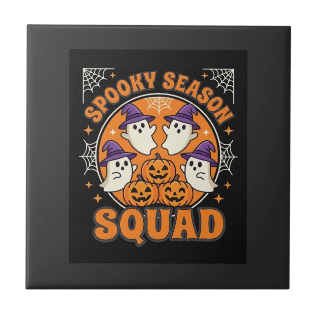 Halloween Spooky Season Squad Ghost Pumpkin Design Tile (Front)