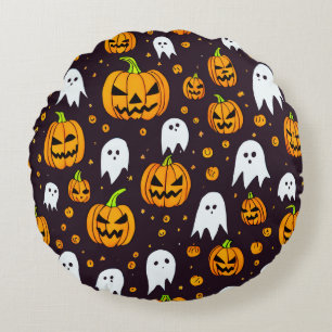 Halloween: Spooky Smiles and Pumpkin Friends Round Pillow