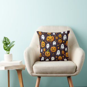Halloween: Spooky Smiles and Pumpkin Friends Throw Pillow