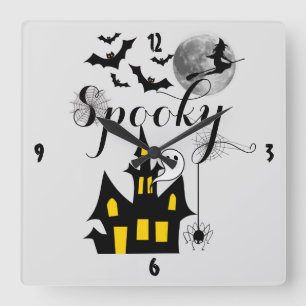 Halloween Spooky Spider bats witch haunted house  Square Wall Clock