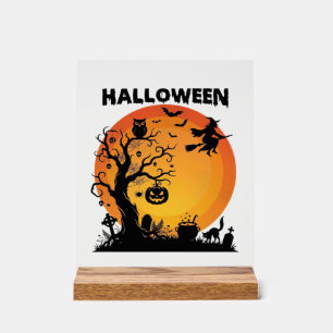 Halloween Spooky Tree Flying Witch Orange Moon Bla Acrylic Sign