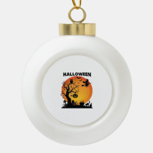 Halloween Spooky Tree Flying Witch Orange Moon Bla Ceramic Ball Christmas Ornament