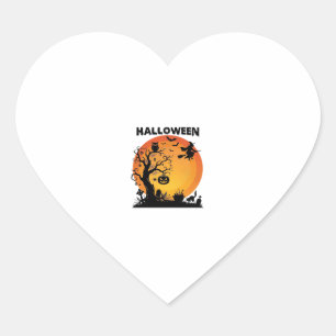 Halloween Spooky Tree Flying Witch Orange Moon Bla Heart Sticker