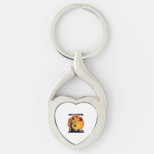 Halloween Spooky Tree Flying Witch Orange Moon Bla Keychain