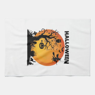Halloween Spooky Tree Flying Witch Orange Moon Bla Kitchen Towel