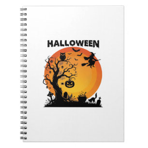 Halloween Spooky Tree Flying Witch Orange Moon Bla Notebook