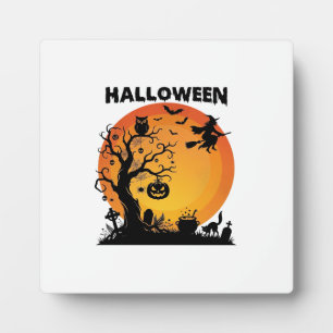 Halloween Spooky Tree Flying Witch Orange Moon Bla Plaque