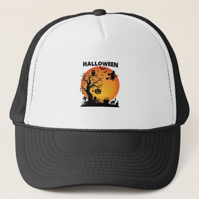 Halloween Spooky Tree Flying Witch Orange Moon Bla Trucker Hat (Front)