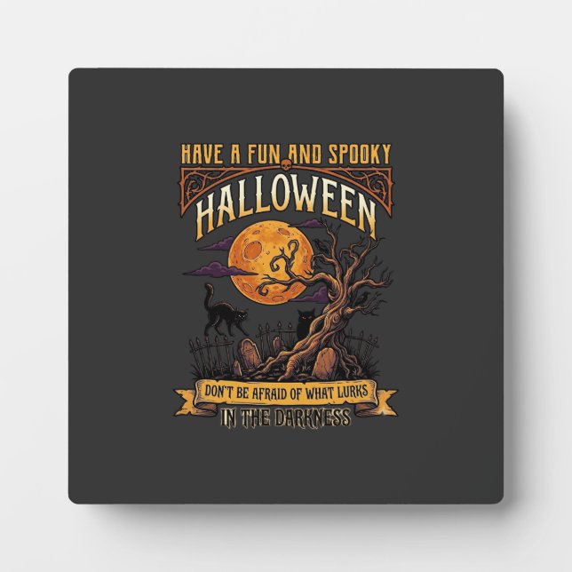 Halloween Spooky Tree Full Moon Black Cat Graveyar Plaque (Front)
