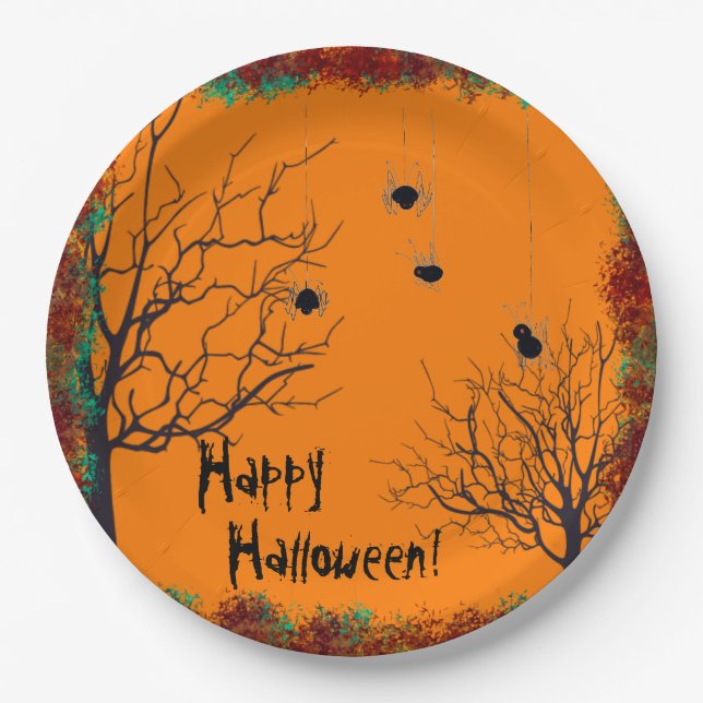Halloween Spooky Trees Spiders Fall Foliage Paper Plate (Front)