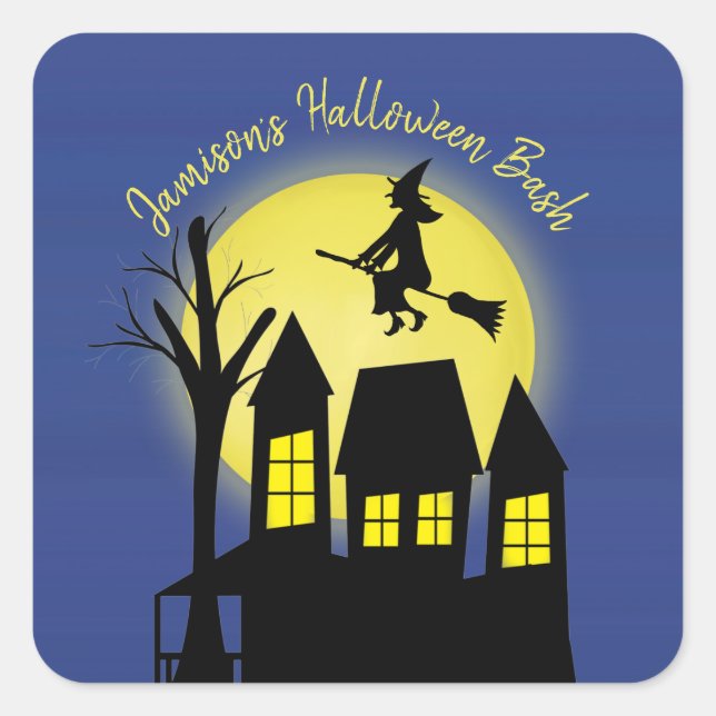 Halloween Spooky Witch Broomstick Moonlight Square Sticker (Front)