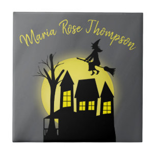 Halloween Spooky Witch Broomstick Moonlight Tile