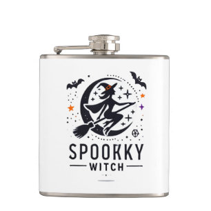 Halloween Spooky Witch Design - Flying on Broom Hip Flask