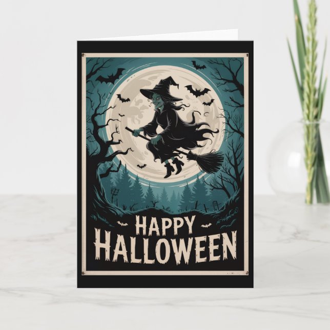 Halloween Spooky Witch Flying Across a Full Moon Card (Front)
